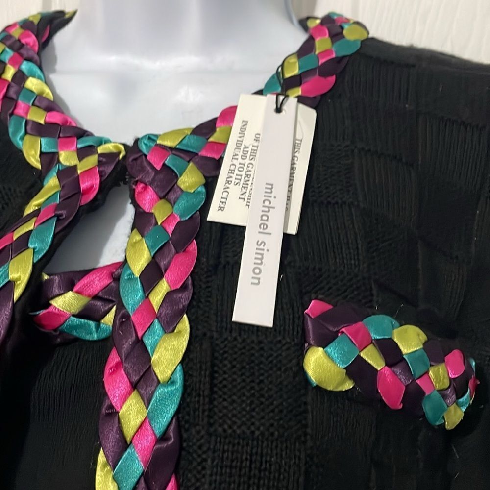 Michael Simon Ribbon Weave Colorful Trim Cashmere Blend Cardigan Set Sz M NWT